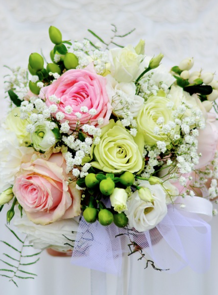 pink white roses lily of the valley green